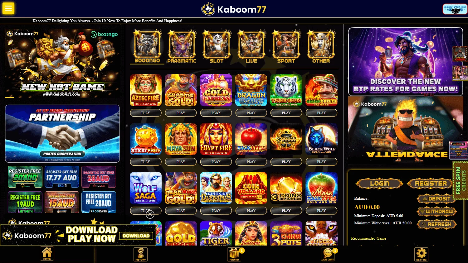 Kaboom77 Casino desktop home with casino games and account features