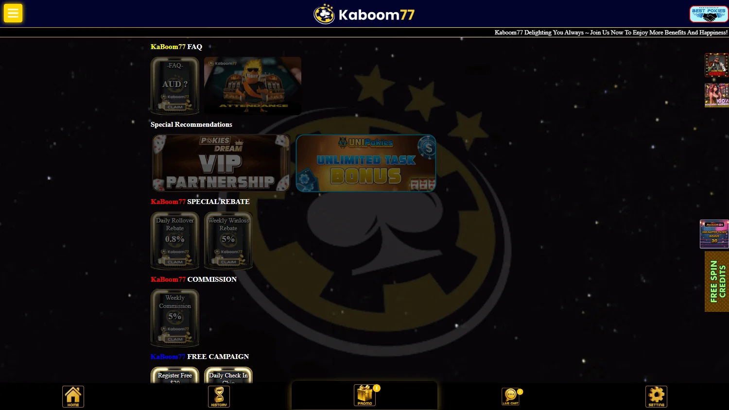 Kaboom77 Casino desktop promotions with welcome and recurring bonus offers