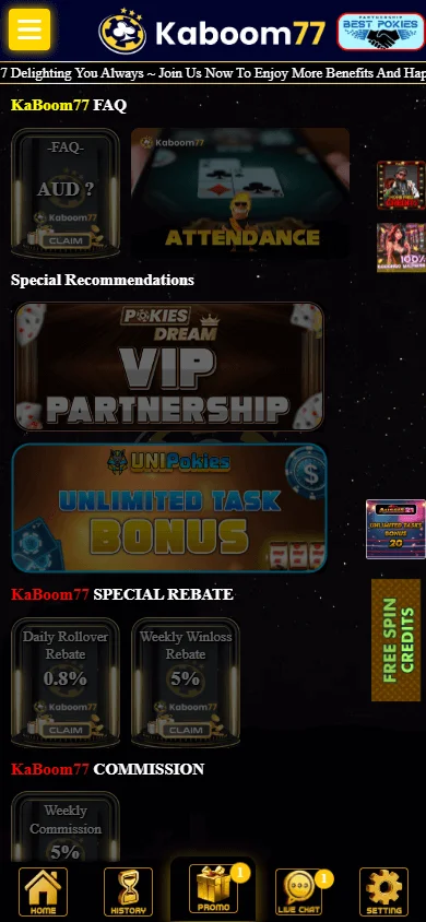 Kaboom77 Casino mobile promotions with deposit and no-deposit bonuses